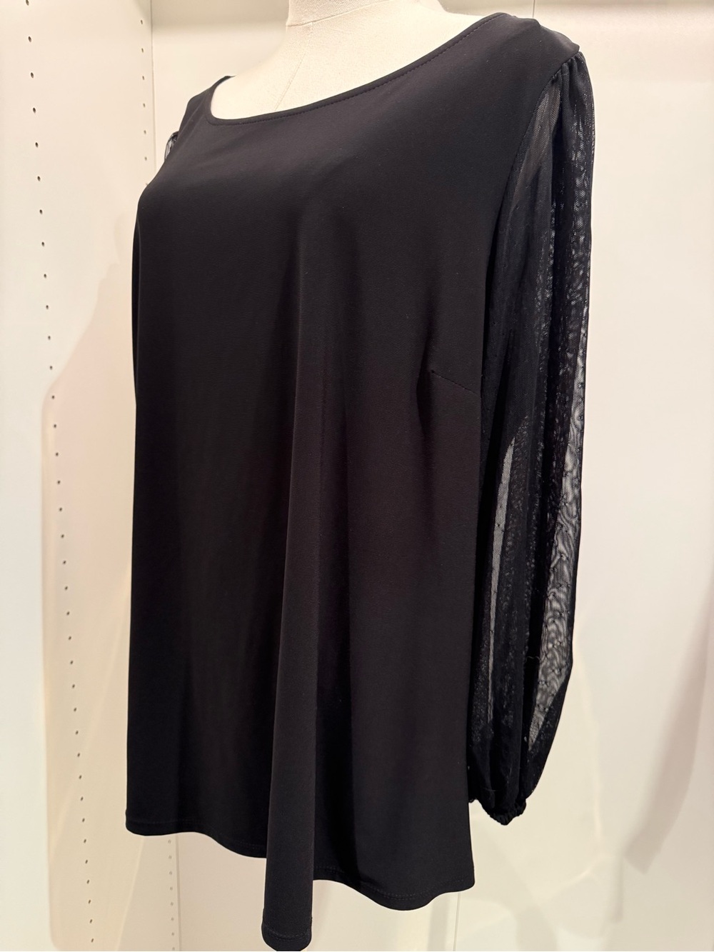 Black Boatneck Blouse with Sheer Lace Sleeves - Picture 2 of 7